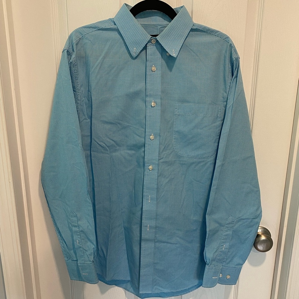 Jos. A. Bank robin's egg blue check traveler collection button-down, M